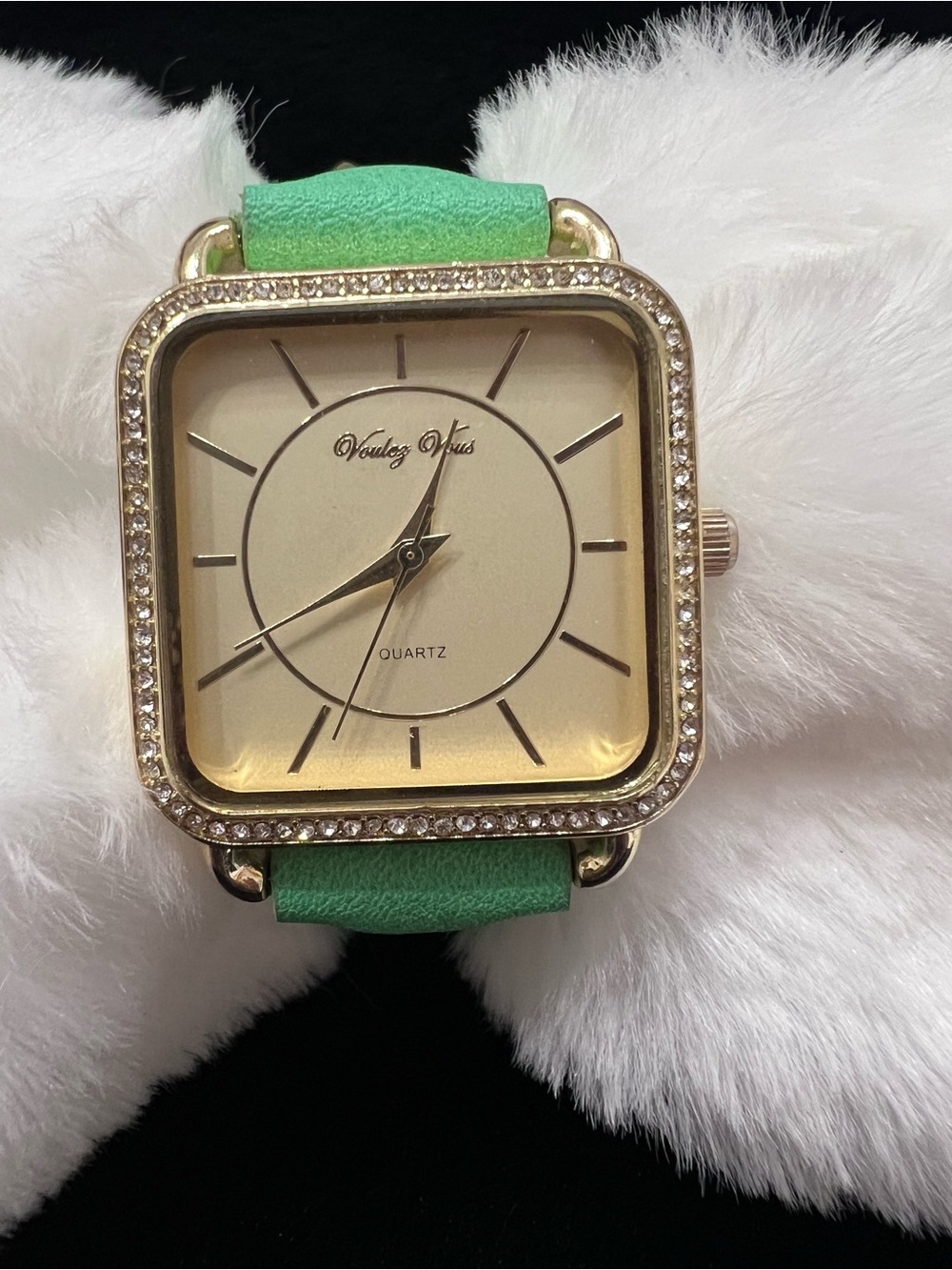 Gold-Tone Square Watch with Mint Green Strap by